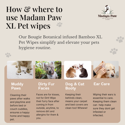 XL Organic Bamboo Pet Wipes -For pets that play hard and lounge harder. Enriched with natural extracts, designed to clean up messes without compromising your love for the planet. FREE BONUS includes a Sweet 10pc Fresh peach 🍑 travel pack